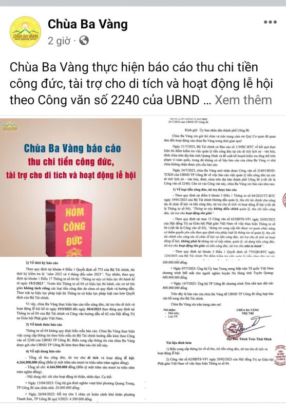 Chùa Ba Vàng công bố báo cáo thu chi tiền công đức, tài trợ cho di tích và hoạt động lễ hội 