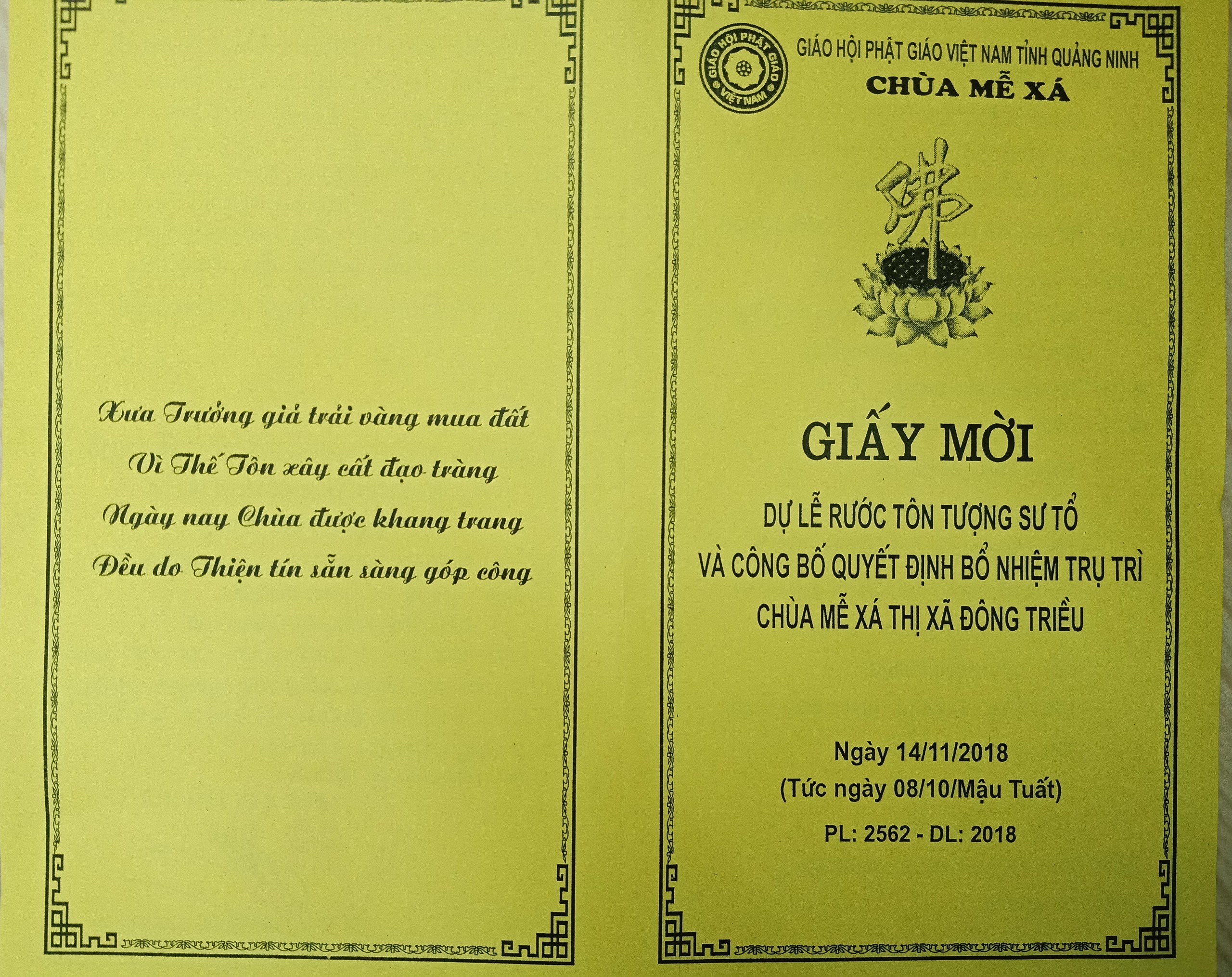 Đông Triều: Thư mời dự lễ rước tượng Tổ sư và Bổ nhiệm Trụ trì chùa Mễ Xá 